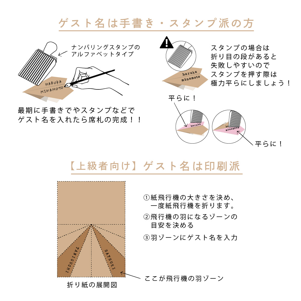 クラフトペーパーで作った紙飛行機の手作り席札のゲスト名の入れ方