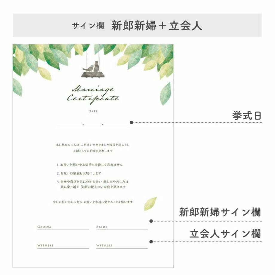 新郎新婦と立会人のサイン欄とオリジナルの誓いで作る結婚証明書