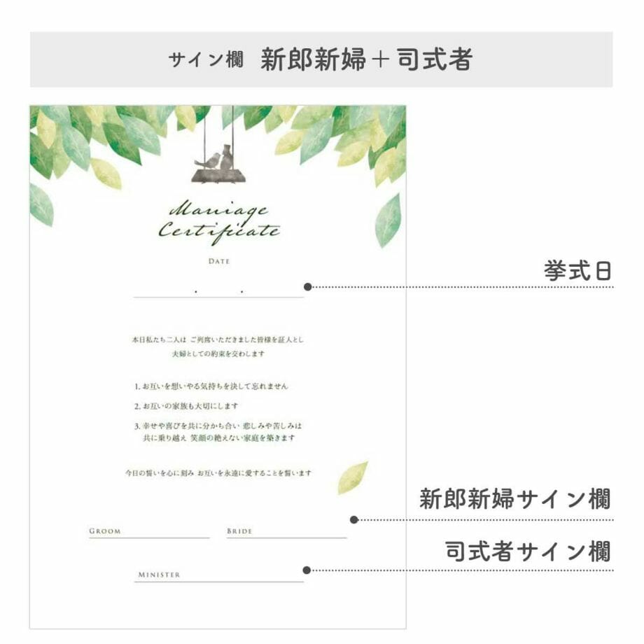 新郎新婦と司式者のサイン欄とオリジナルの誓いで作る結婚証明書