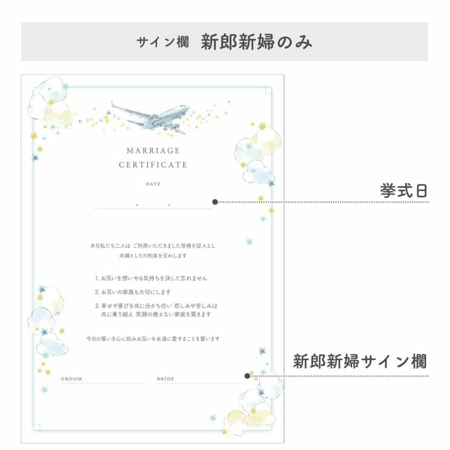 飛行機デザインのゲスト参加タイプの結婚証明書