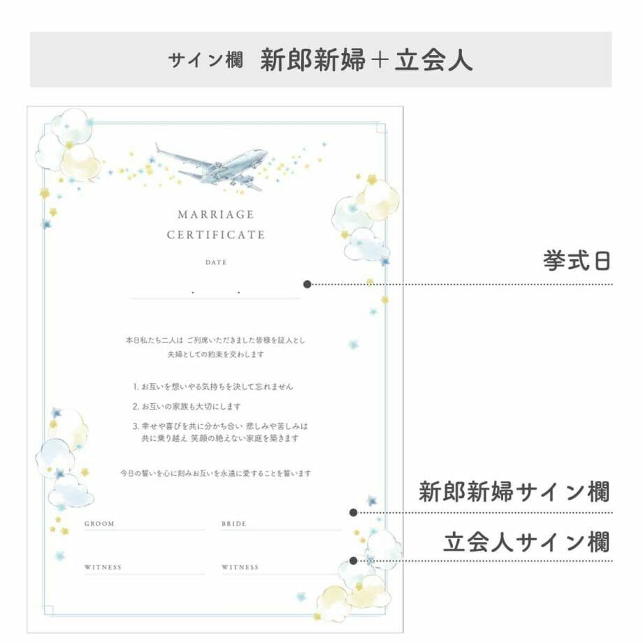 飛行機デザインのゲスト参加タイプの結婚証明書