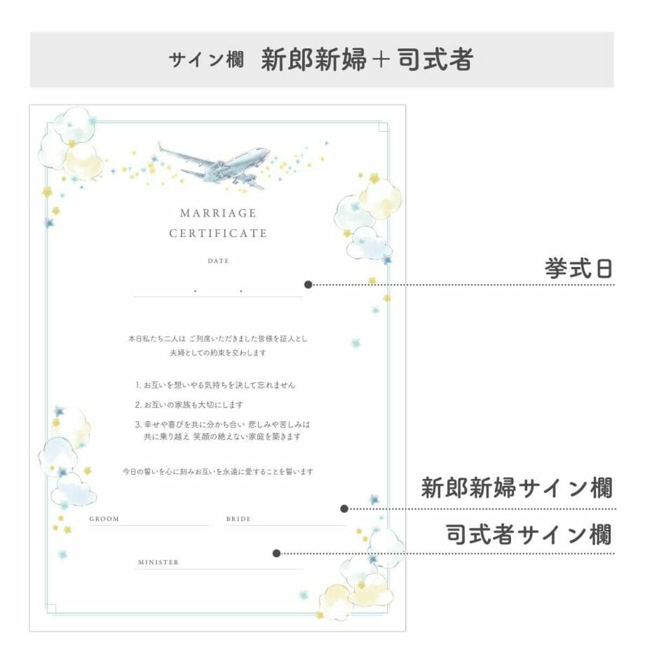 飛行機デザインのゲスト参加タイプの結婚証明書