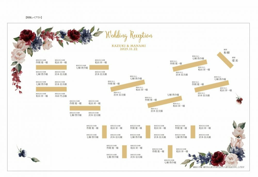 長テーブル斜め配置の席次表特殊レイアウト
