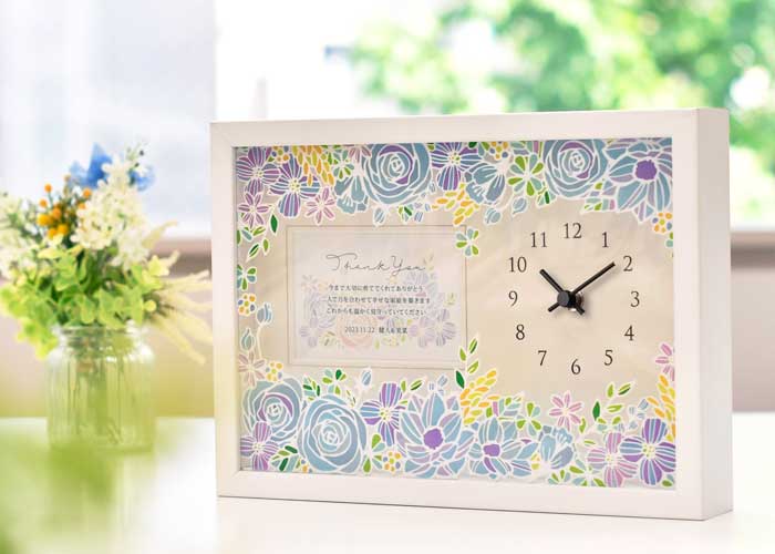 お花プリントフォトフレーム時計 メッセージ付 ローズ ご両親へのプレゼント 結婚式アイテムの通販 ファルベ 公式