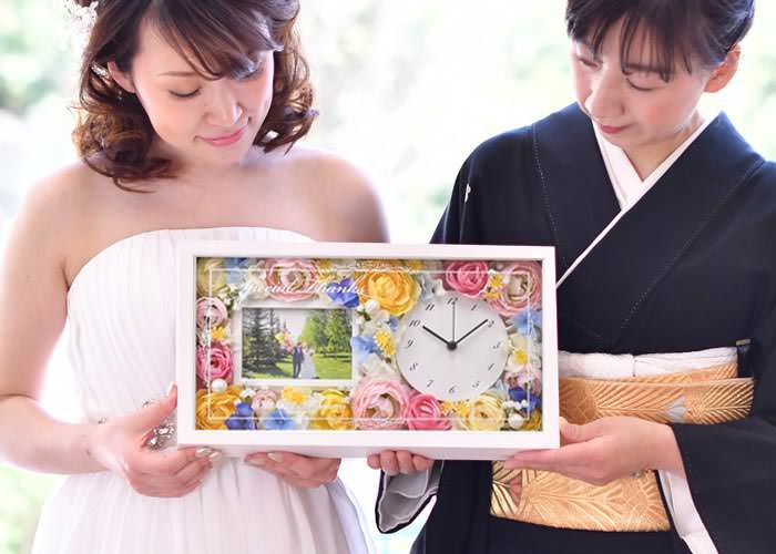 結婚式の両親贈呈品【新郎新婦2個セット】花時計フォトフレーム付き「パステル」